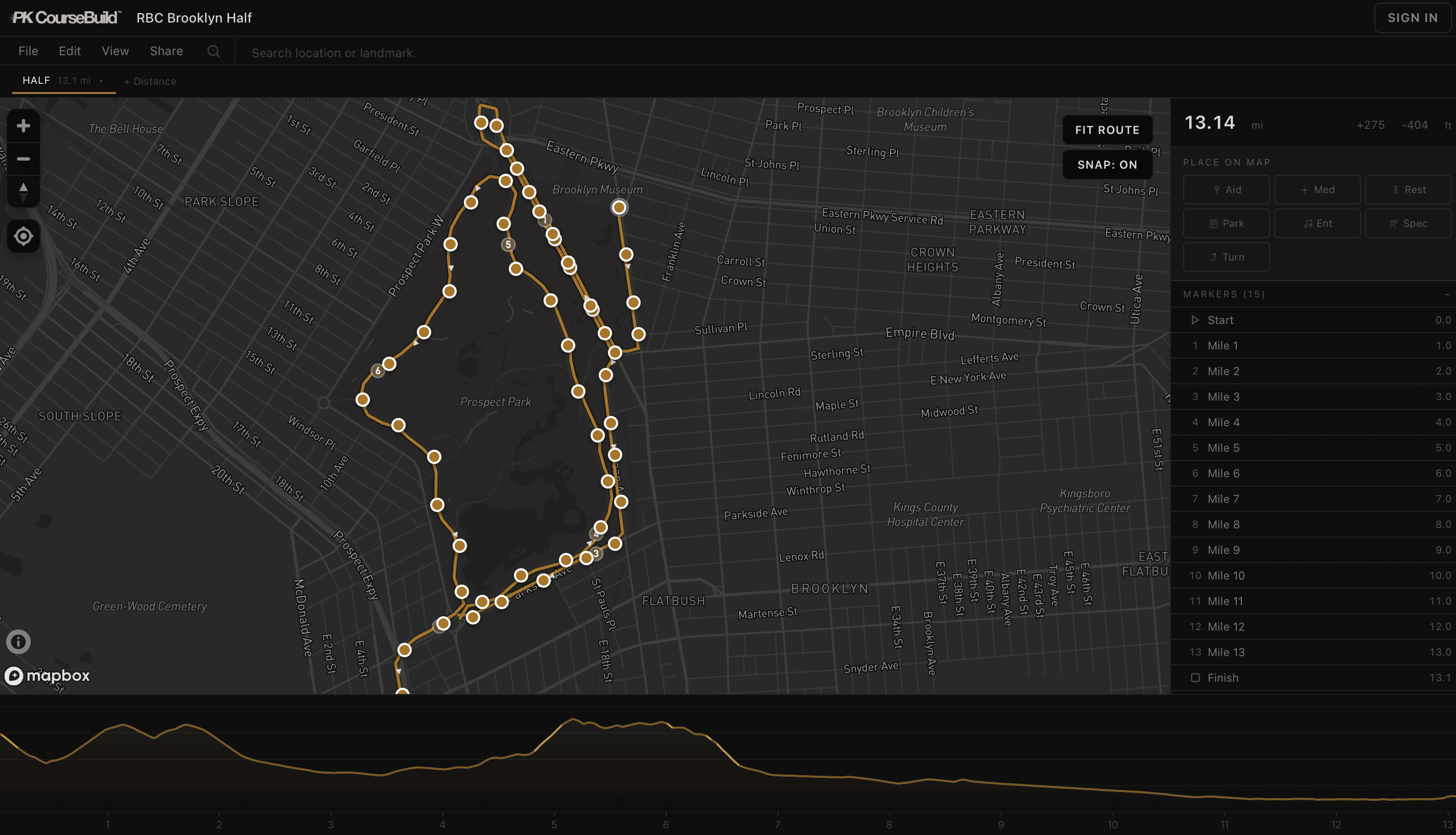 PKCourseBuild editor showing the RBC Brooklyn Half course with elevation profile, mile markers, and aid stations